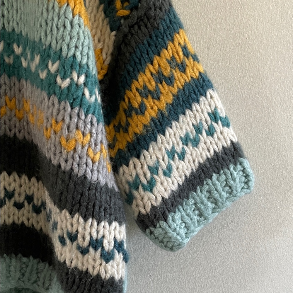 POL Chunky Knit Multicolor Sweater Fair Isle Teal Blue Yellow Stripe - Picture 3 of 9